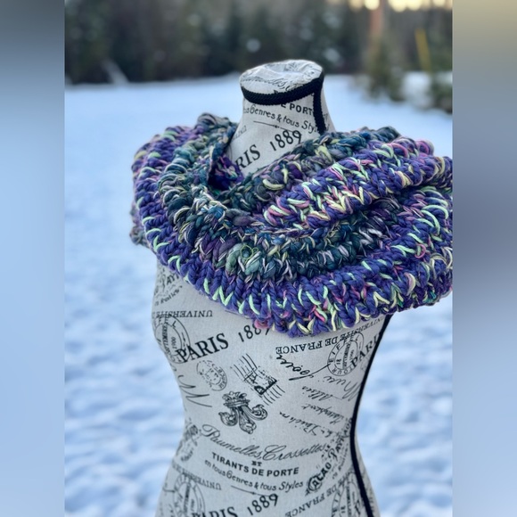 Hand Knit Chunky Infinity Scarf • One-of-a-Kind Wool Blend • Purple Teal Wrap - Picture 6 of 17